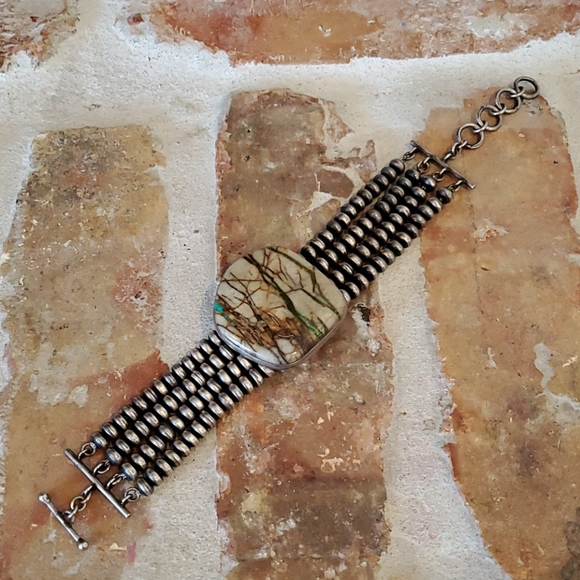 Sterling Silver Navajo Pearl Boulder Turquoise Bracelet - Picture 2 of 6